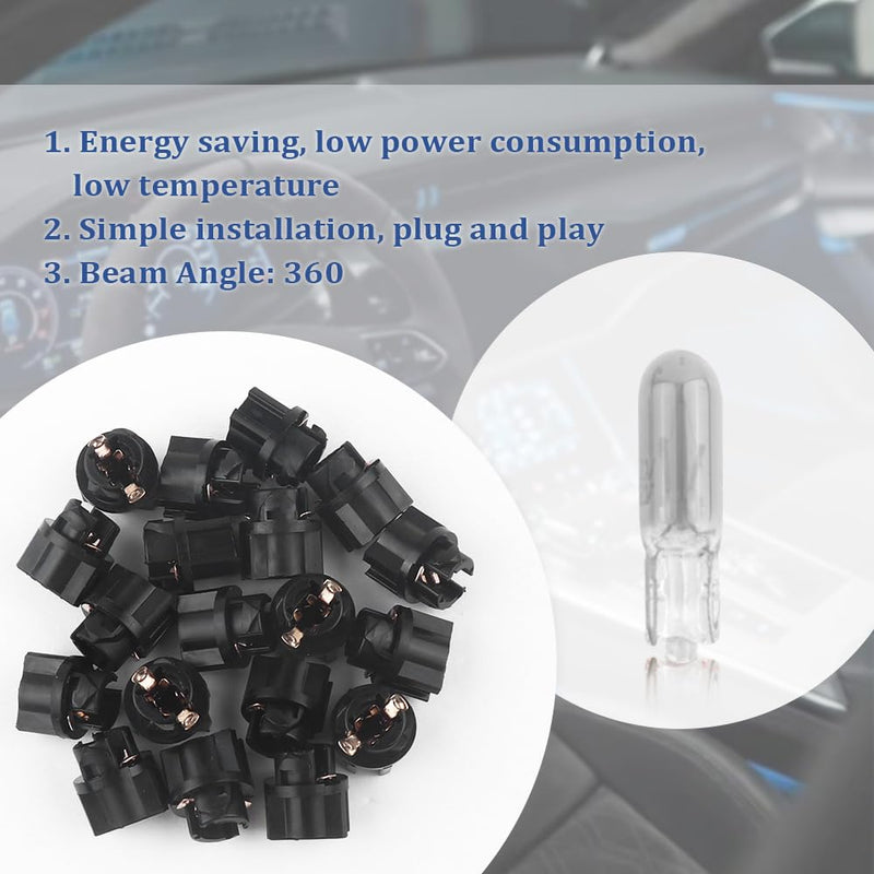 20PCS T5 17 57 79 86 Halogen Instrument Cluster Bulbs with 20PCS Bulb Sockets,12V Dash Light Bulbs for Speedometer,Tachometer,Gauge Cluster,Universal Car Dashboard Light Bulbs (White) White