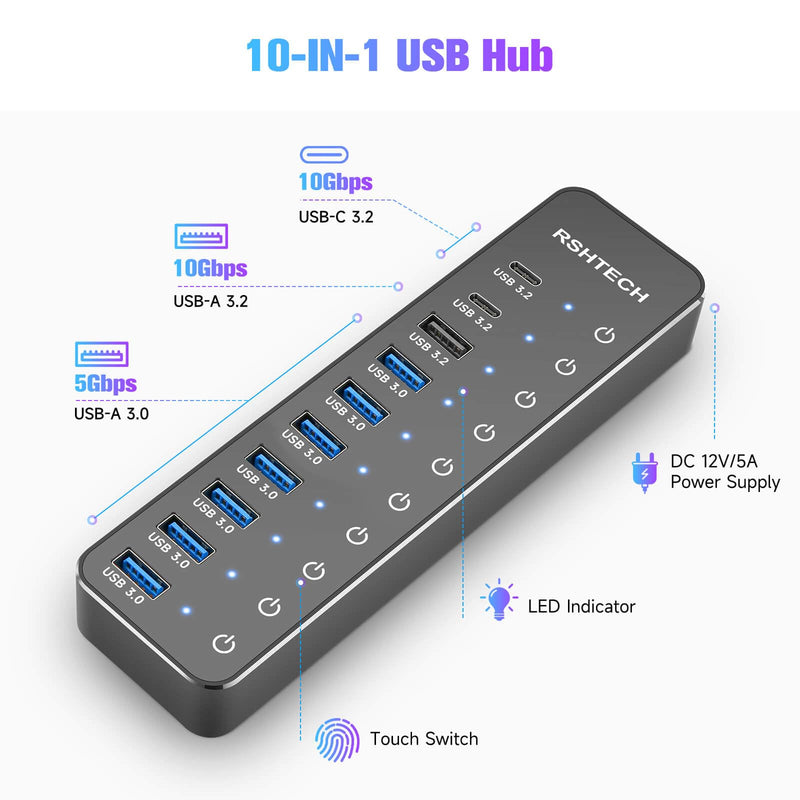 Powered USB Hub, RSHTECH 10-Port USB 3.2/USB C Hub 60W with 10Gbps USB-A 3.2, 2 USB-C 3.2, 7 USB 3.0 Ports, Individual Touch Switches and 3.3ft Cable, Hybrid USB Splitter for Laptop/PC, RSH-ST10C