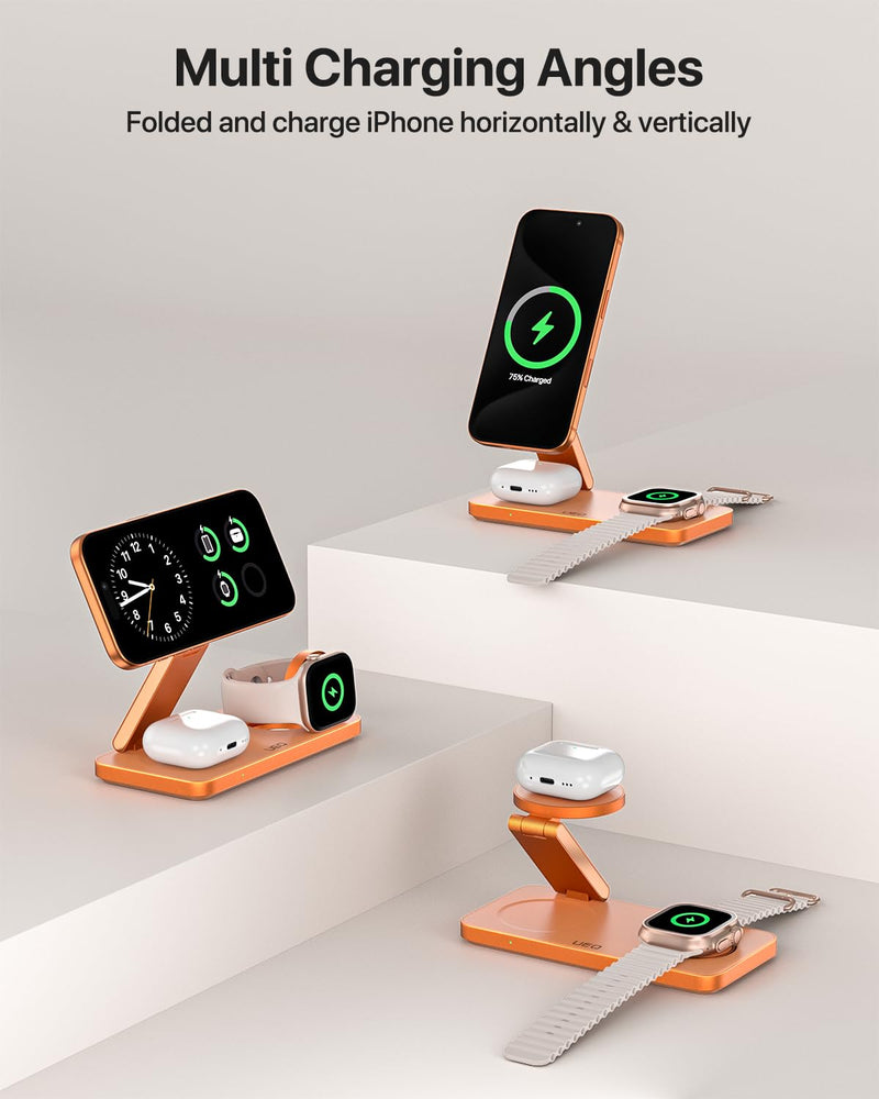 UEQ Foldable 3 in 1 Wireless Charging Station for Apple Mag Safe Charger Stand,Fast Magnetic Wireless Charger Station for iPhone 17 Air 16 15 14 13 12 Series,Airpods Pro,Apple Watch Ultra (Orange) Orange