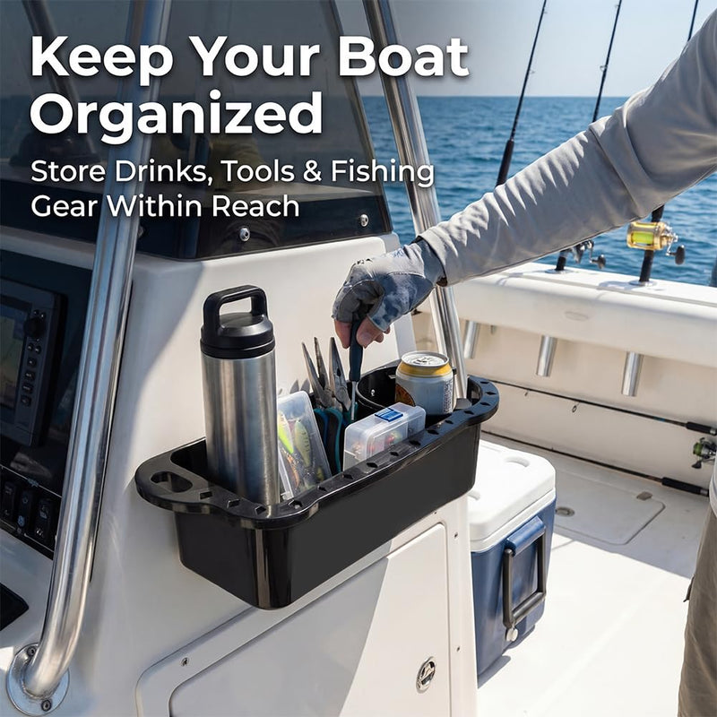 Boat Caddy Organizer, 2 Pack Multifunctional Marine Storage Caddy with Rubber Tabs, Boat Cup Holder Organizer for Boat, Kayak, Pontoon, Bass Boat, Jon Boat, Includes 2 Cup Coasters