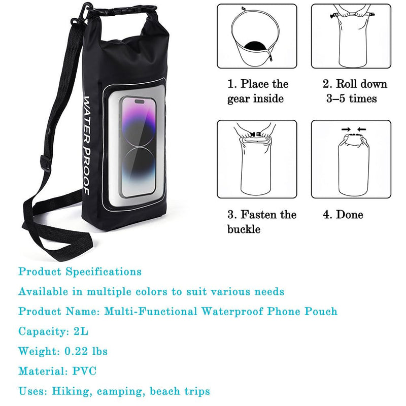 Dry Bag Waterproof for Women Men, 2L Roll Top Lightweight Dry Storage Bag Backpack with Phone Case for Travel Swimming Boating Kayaking Paddle Board Camping Beach Accessories, Black