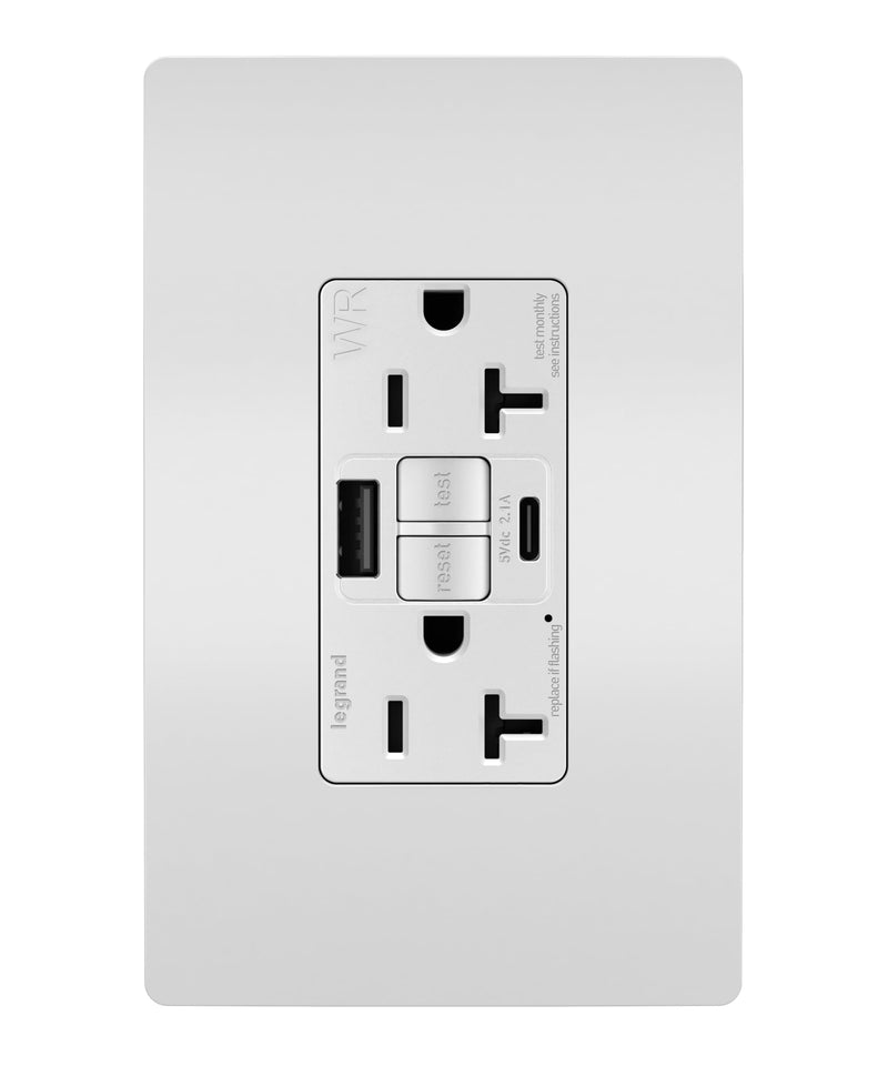 Legrand Pass & Seymour Radiant 20 Amp GFCI Weather-Resistant Wall Power Outlet with 2.0 Amp USB A/C Charger, White