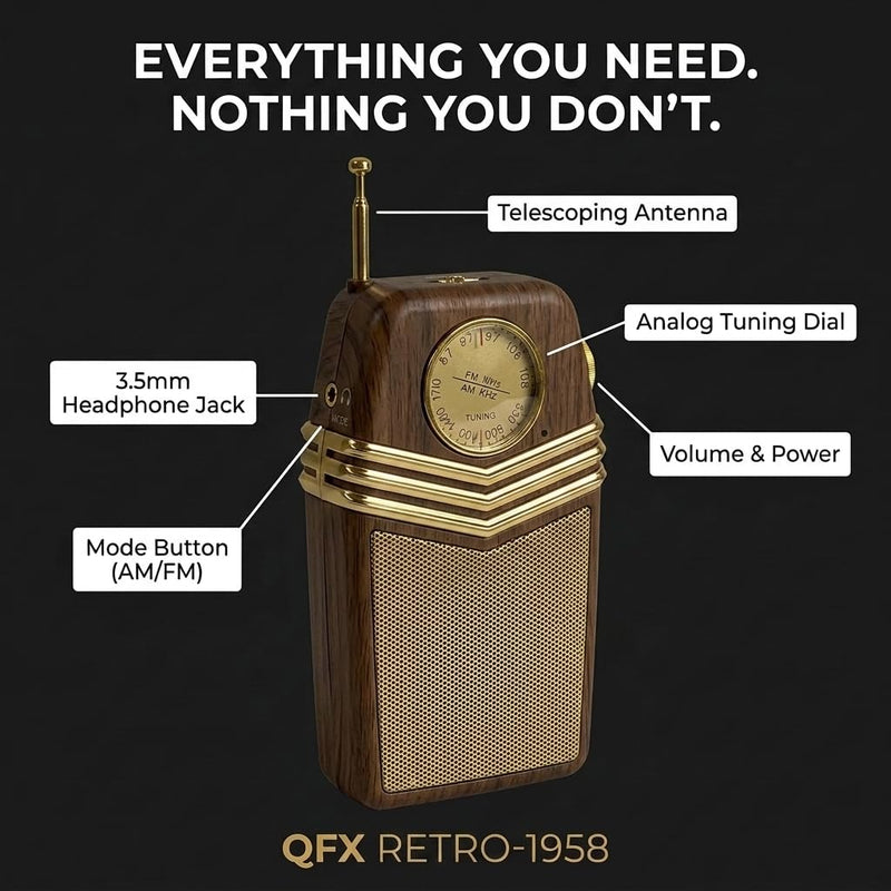QFX Retro Portable Transistor Pocket AM FM Radio, RETRO-1958, Wood | Telescoping Antenna, High-Fidelity Speaker, Headphone Jack, Battery Operated, Classic 1950s Design