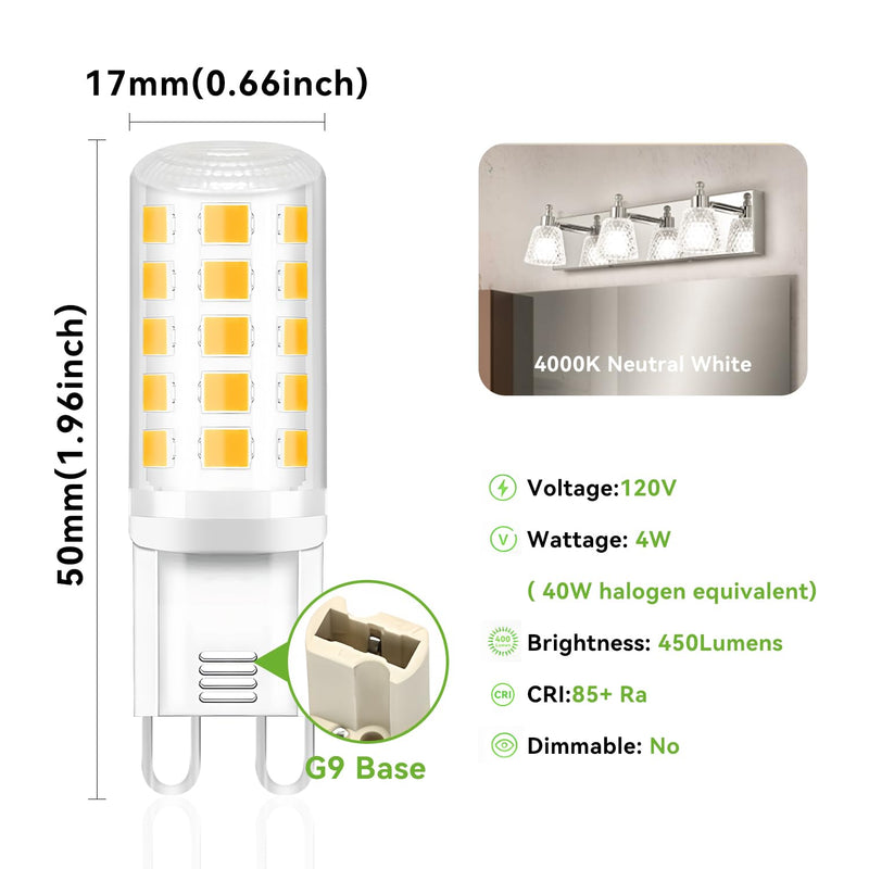 TJOY 12 Pack G9 LED Bulb 4W, 40 Watt T4 G9 Halogen Equivalent, 4000K Neutral White, G 9 T4 Bi-pin Base Small Light Bulb for Crystal Chandelier, 120V 450 Lumen Energy Saving, Non-dimmable