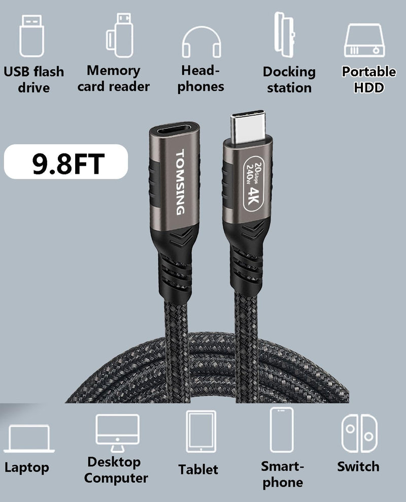 9.8FT USB C Extension Cable（240W/20Gbps/4K@60Hz）,Type-C Male to Female,Extension Charging & Sync for Keyboard, Mouse, PlayStation, Xbox, Flash Drive, Printer, Camera and More（Gunmetal） 9.8FT（240W/20Gbps) Gunmetal(Braided) 1