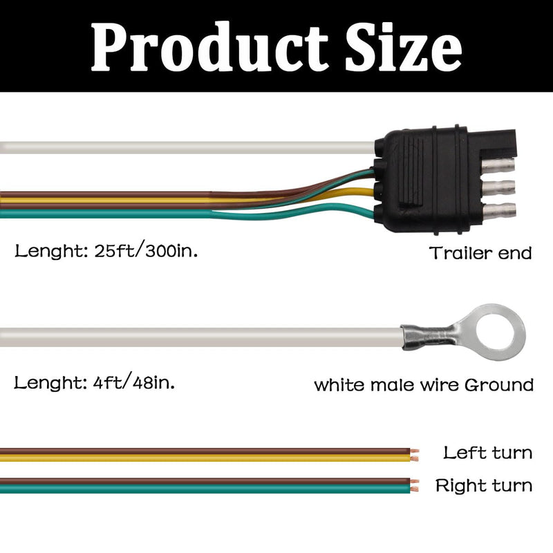 25ft 4 Wire 4-Flat Trailer Light Wiring Harness Extension Kit, Trailer Wiring Harness with 18 Gauge White Ground Wire for Trailers O-016 25ft 4 Wire 4-Flat