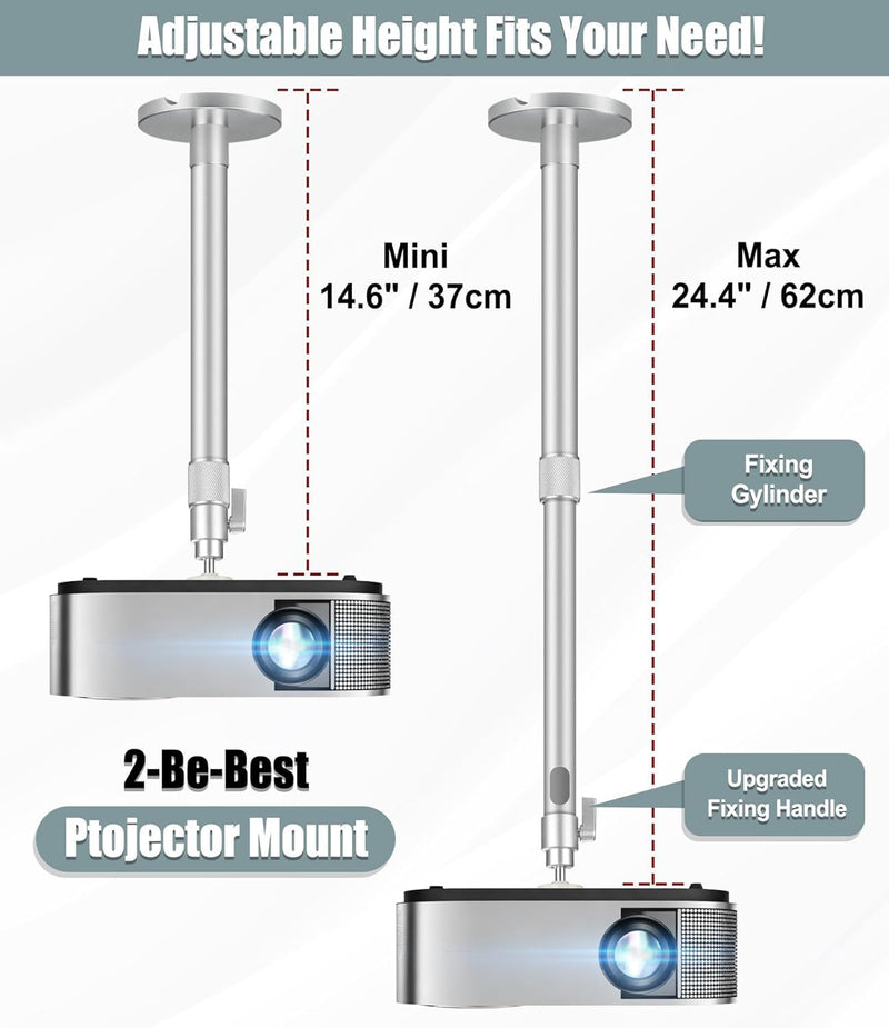Projector Mount Bracket Compatible with HAPPRUN, Aurzen & Most Projectors | Upgraded Fixed-angle Wrench 360° Rotation & 90° Tilt Adjustable Projector Ceiling Mount Projector Wall Mount Silver 14-24 IN/37-62 CM