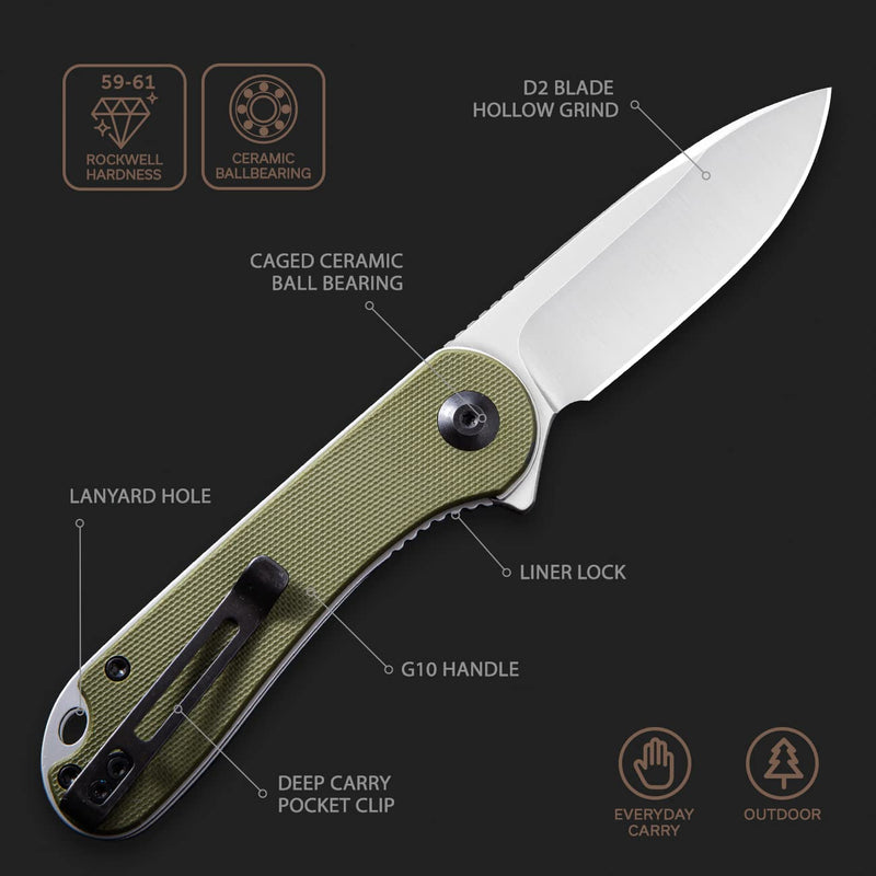 CIVIVI Knives Elementum Folding Pocket Knife 2.96" D2 Satin Blade,G-10 Handles C907E (Green) Green