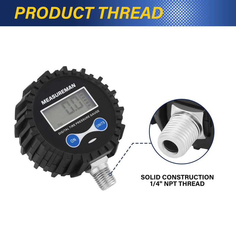 MEASUREMAN 2-1/2" Dial Size Digital Air Pressure Gauge with 1/4'' NPT Bottom Connector and Protective Boot, 0-250psi, Accuracy 1%, Battery Powered with LED Light (Pack of 2) Long thread (Pack of 2)