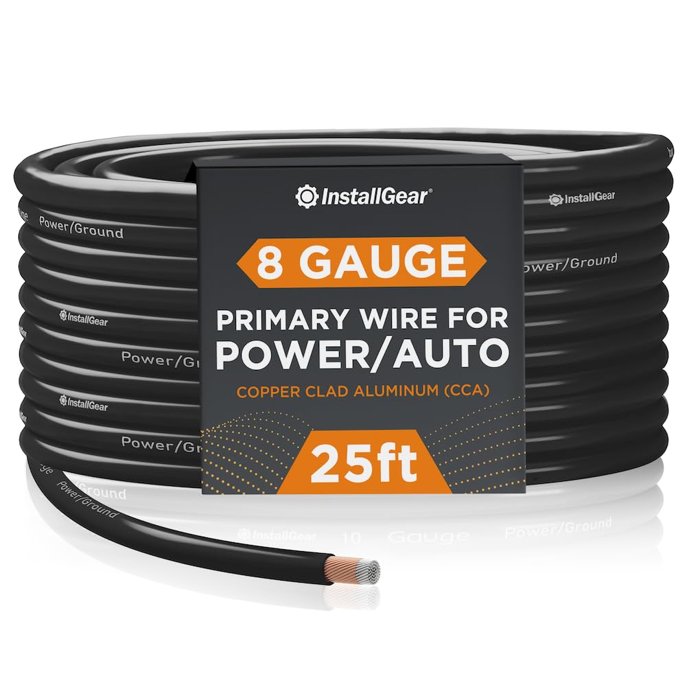 InstallGear 8 Gauge Wire (25ft) Copper Clad Aluminum CAA - Primary Automotive Wire, Car Amplifier Power & Ground Cable, Battery Cable, Car Audio Speaker Stereo, Welding Cable 8 Gauge Amp Wire 25ft - Black