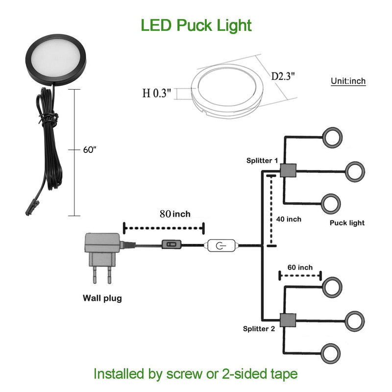 AIBOO Under Cabinet LED Black Cover Puck Lighting Kit with Touch Dimmer Switch for Kitchen Cupboard Closet Lighting (6 Lights,Warm White) 2700K Warm White