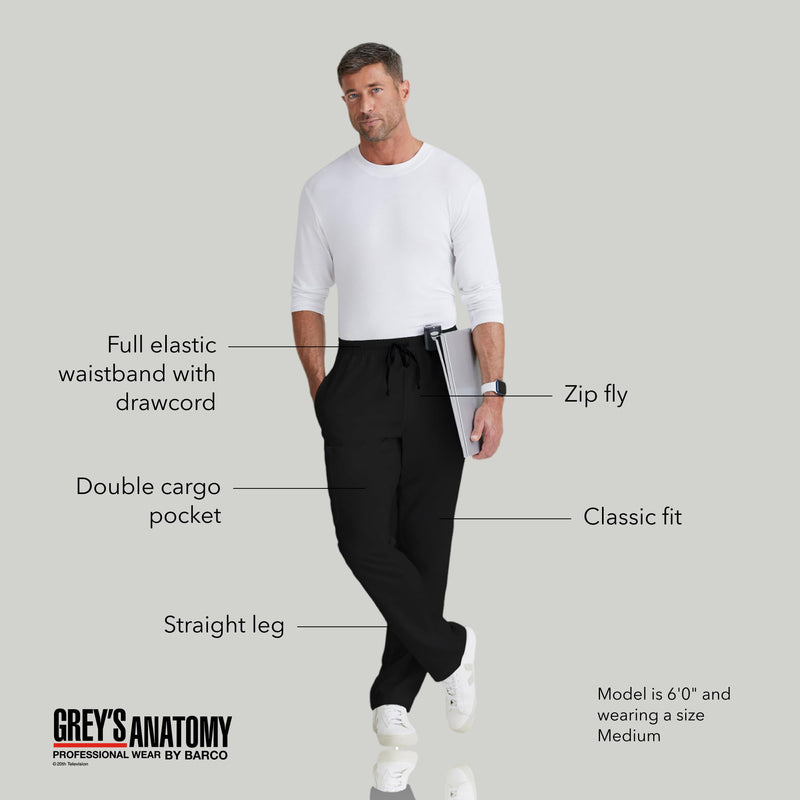 BARCO Grey's Anatomy Scrubs - Evan Scrub Pant for Men, Elastic Waist With Zip Fly, Straight Leg Men's Scrub Pant Large Black