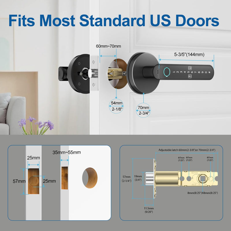 BIWIBON Fingerprint Door Lock – Fingerprint Door Knob with 5 Unlock Options, Anti-Peep Code, Adjustable Auto-Lock, Inside Lock, for Home, Office, Apartment, Bedroom – Black Black 03