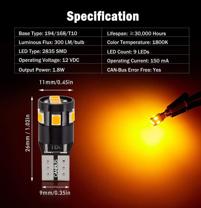 300LM Extremely Bright Canbus Error Free 194 168 2825 192 W5W T10 LED Bulbs Amber Yellow 9-SMD 2835 LED Chipsets for Side Marker Turn Signal Blinker Map Door Parking Lights (Pack of 4)