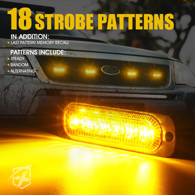 Xprite 4pcs LED Emergency Strobe Lights, Amber 6- LED Surface Mount Flashing Strobe Lights, Sync Feature Ultra Slim Grill Lights for Off-Road Vehicles ATV SUV Trucks Cars Amber-4