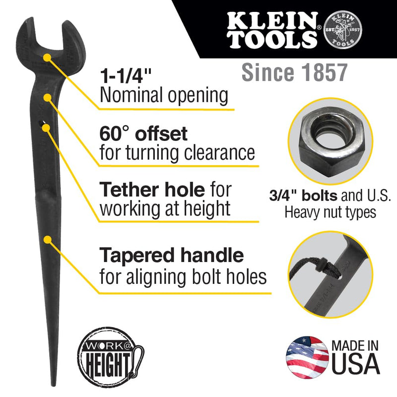 KLEIN TOOLS 3212TT Construction Spud Wrench with Tether Hole, Made in USA, 1-1/4-Inch Nominal Opening, 3/4-Inch Bolt for US Heavy Nut Tetherable