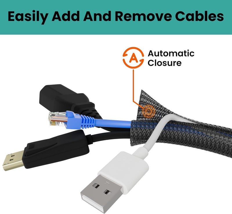Cable Management Sleeve 10ft, 1/2 Inch PET Expandable Braided Cord Protector for Home Office TV Computer Desk, Wire Loom Organizer for USB Audio Video Ethernet Cables, Black
