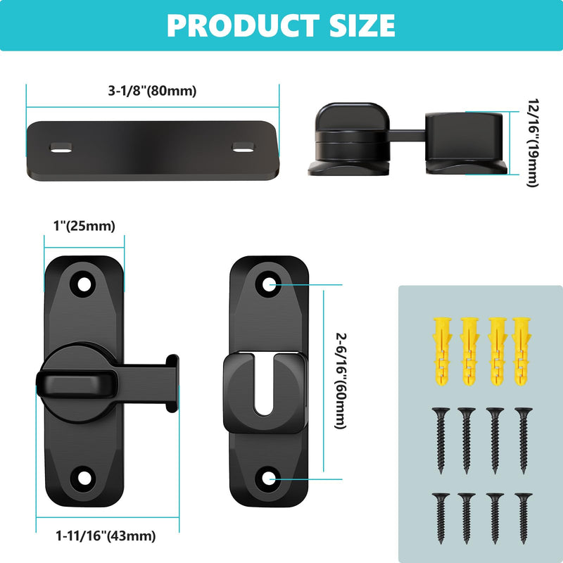 Sliding Barn Door Lock & 90/180 Degree Latch Hardware, Zinc Alloy Small Flip Door Lock for Closet, Bathroom, Cabinet, Garden, Shed (Black-2 Pack) Black-2 Pack