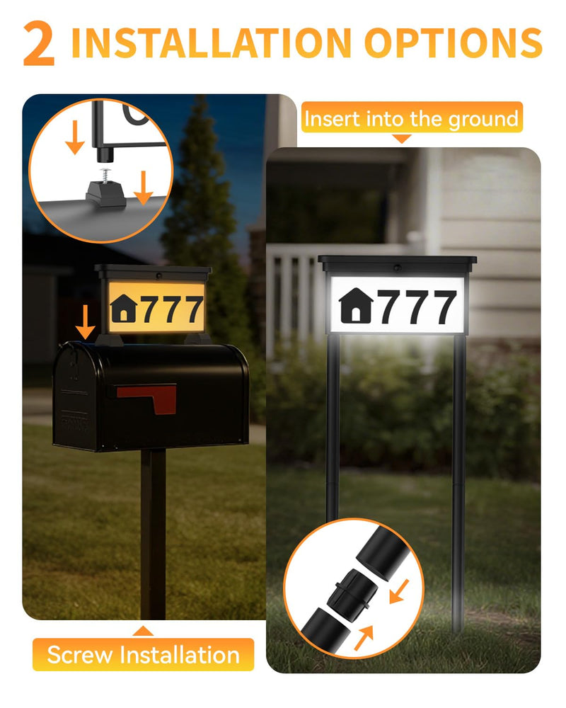 LumiZen New Upgraded Solar Address Sign,Double Sided Glow House Numbers with Auto On/Off, 3-Color Lighting Modes Mailbox Number Plaque Waterproof, Dual Stakes for Home Yard Driveway Black-3M 3 LIGHT MODES