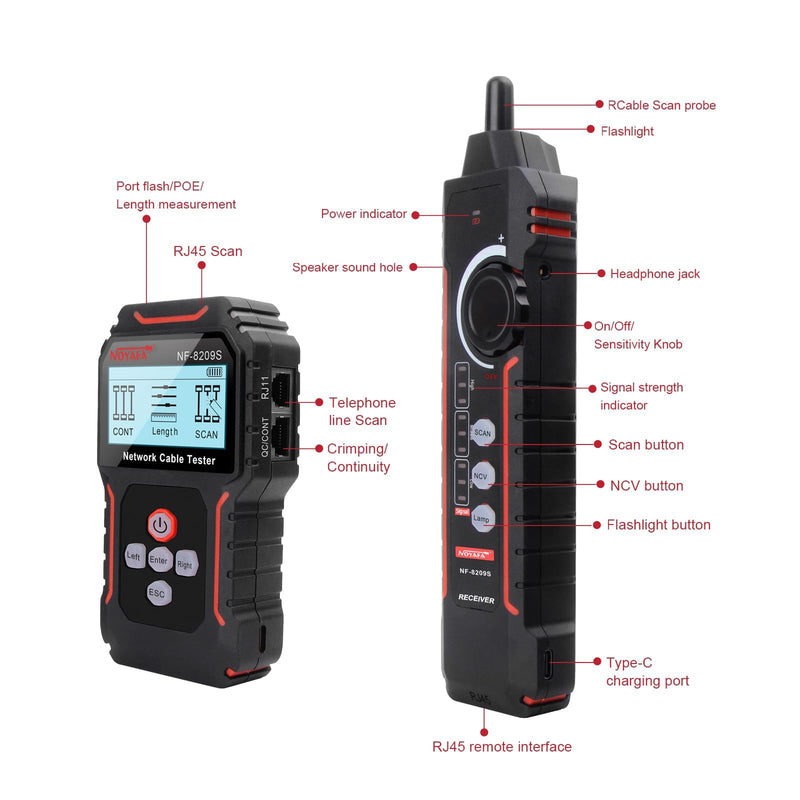 NOYAFA NF-8209S Network Cable Tester, Ethernet Cable Tester with CAT5, CAT6 Line Tracer, PoE, NCV, Length Test, Port Flashing, Fault Line Scan for Cable Grooming, LAN Network Cable Tracer Kit NYF-NF8209S
