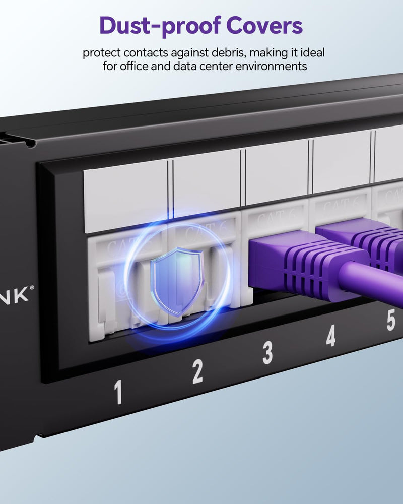 VCELINK 24-Port CAT6 Unshielded Patch Panel with Dust Cover, 1U RJ45 Rackmount Panel with Detachable Cable Management Bar for CAT5/5E/6 Cabling