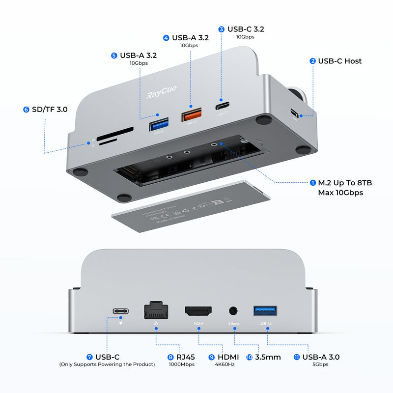 RayCue SmartDock Pro for Mac mini M4 Dock Stand with M.2 NVMe SSD Enclosure, 4K 60Hz HDMI, 10Gbps USB-C/A, Gigabit Ethernet, SD/TF Card Readers – Space-Saving Vertical Hub Compatible with Mac mini