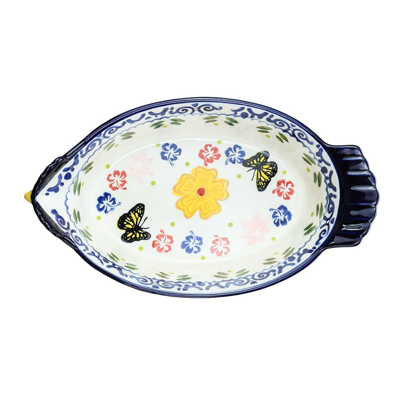 Vintage Butterfly and Flower Pattern Pie Pan, Chicken Shape Ceramic Bakeware Casserole Dish Baking Pan Bakers Lasagna Pans Soup Bowl Baking Dish for Oven to Table-Blue-25 OZ Blue 25 OZ