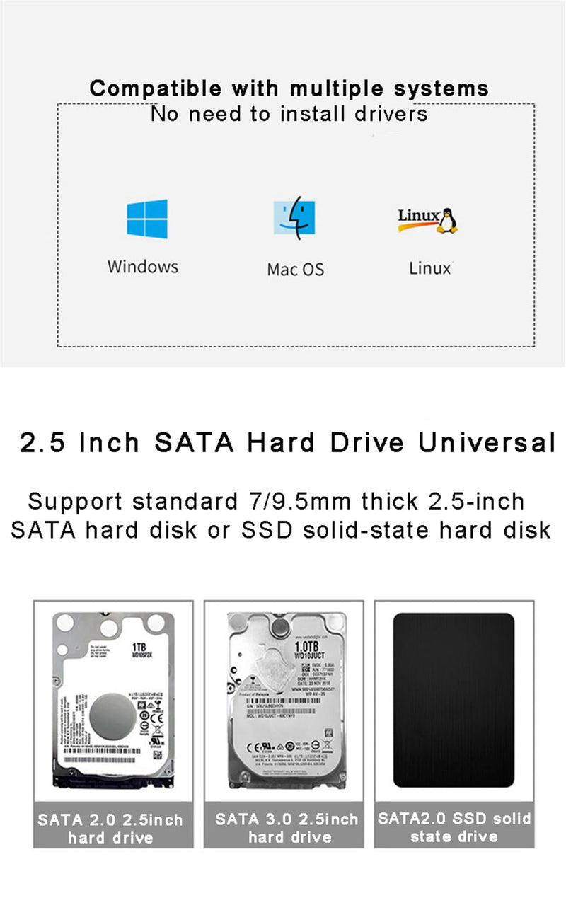 Transparent 2.5-inch Hard Drive Enclosure, USB 3.0/USB 3.1 to SATA III External Hard Drive case Adapter, SSD and HDD 9.5mm/7mm, Compatible with PS4, Xbox, PC, TV, and Laptop, Tool-Free Installation USB 3.1 Silver Adapter