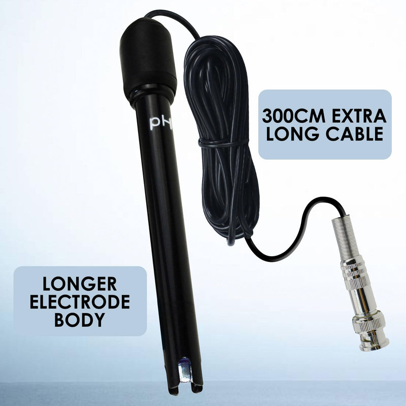 Replaceable pH Electrode Probe with BNC Connector Long 300cm Cable with Calibration Powder for pH Meters, Controllers, Water Testing, Labs, Pools & Spas