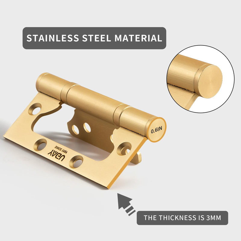 YAGU 3 Pack Non-Mortise Door Hinges - 4" × 3" inch Stainless Steel Bifold Door Hinge - Easy to Install and Heavy Duty with Sqaure Corners, Brushed Gold