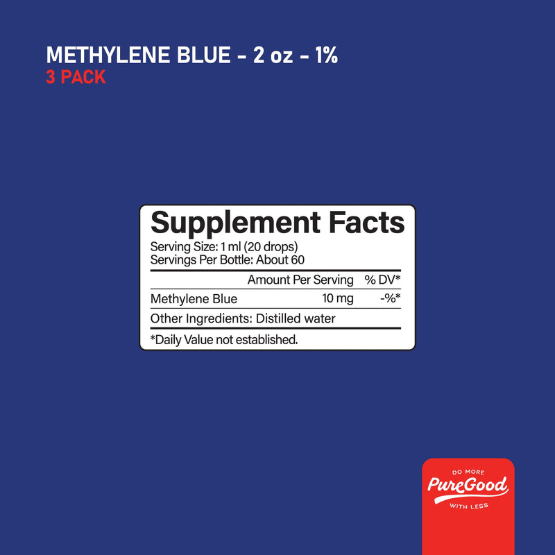 Methylene Blue 1% Liquid – 10 mg per 1 mL Serving – 60mL (2.03 fl oz) – About 60 Servings per Bottle (3 Pack) – Third-Party Tested – Amber Glass Bottle