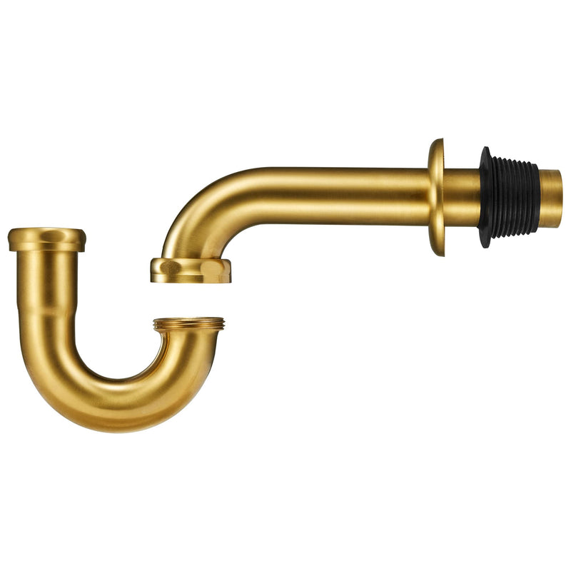 18 Gauge Solid Brass P-Trap 1 1/4” OD, Heavy Duty Brass Tubular J Bend Pipe Connector, Decorative Bathroom Basin Sink Waste Trap Drain Kit with Flange and Gasket Washers, Brushed Gold
