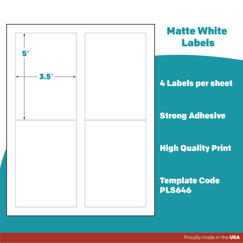 Premium Label Supply White Sticker Mailing/Shipping Labels – 3.5" x 5" – Laser/Inkjet Compatible – (4 per Sheet), 25 Sheets - 100 Total Adhesive Labels 100 Labels