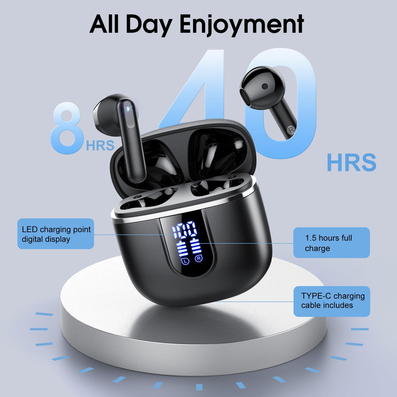 Wireless Earbuds, Bluetooth 5.4 Headphones with 3D Bass Stereo Sound, 40H In-Ear Buds with 6 ENC Noise Cancelling Mic, Ultralight Bluetooth Earbuds USB-C LED, IP7 Waterproof Earphones for Android iOS Black