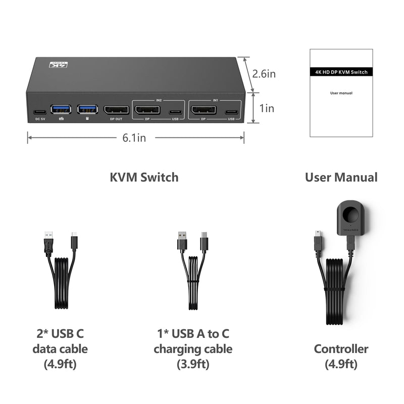 DisplayPort USB 3.0 KVM Switch 1 Monitor 2 Computers 8K@60Hz 4K@144Hz KVM Switcher 2 in 1 Out with 4 USB-A, 2 USB-C, Wired Controller for Laptop, Desktop