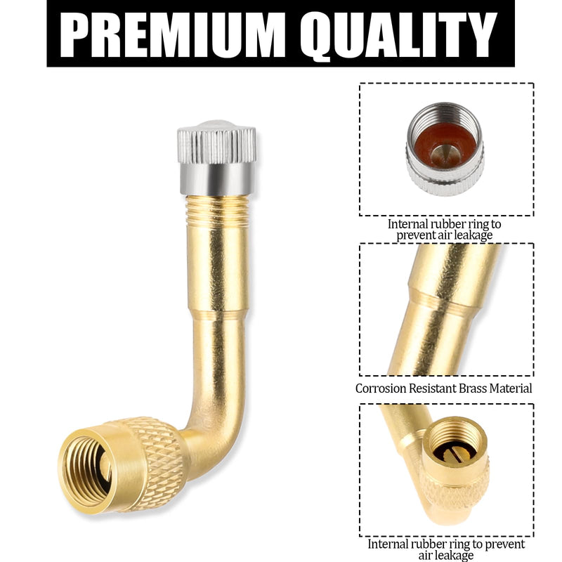 90 Degree Valve Stem Extenders, 2 Pcs Universal Brass Tire Valve Extension Adaptor Metal Valve Stem Extensions for Passenger Cars, Bicycles, Motorcycles, RV, Trailers Gold