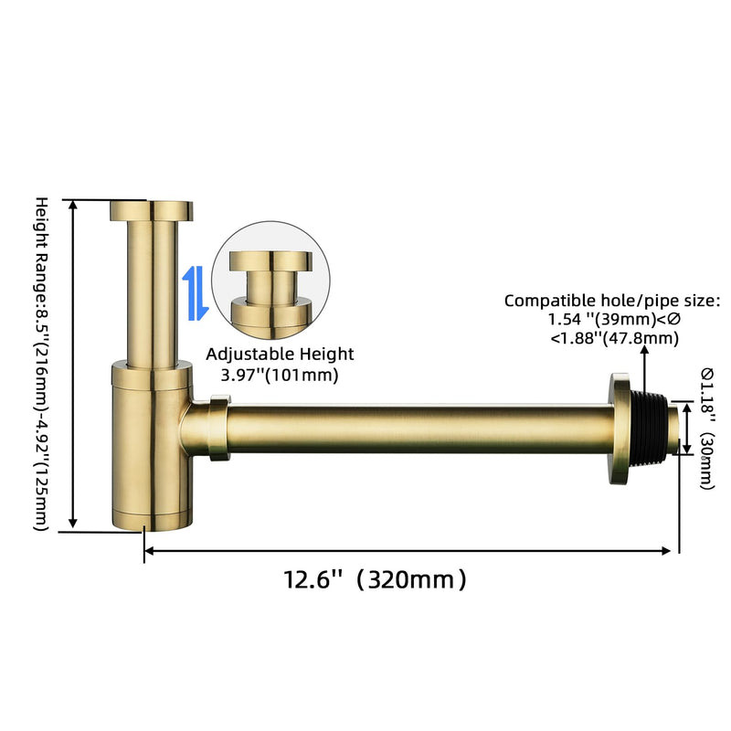 Bathroom Brass Contemporary Round Bottle P Trap 1-1/4, Lavatory Adjustable Basin Sink Waste Drain P-Trap Kit, General US Standard, Brushed Nickel Gold