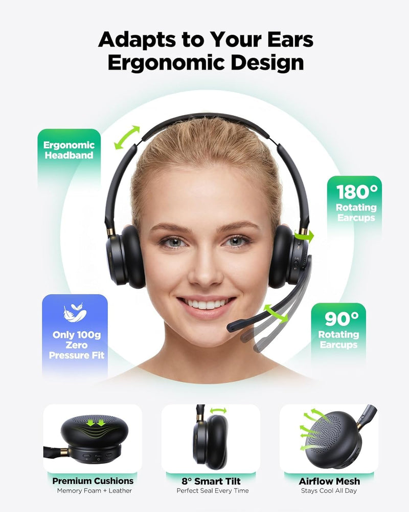 Wireless Headset with Mic for Work,Bluetooth Headset for Calls & Meetings | Headset with Microphone for PC, Bluetooth 5.3 & 2.4G Dongle Headphones with Mic for Office/Call Center/Home/Computer/Phones Black Golden