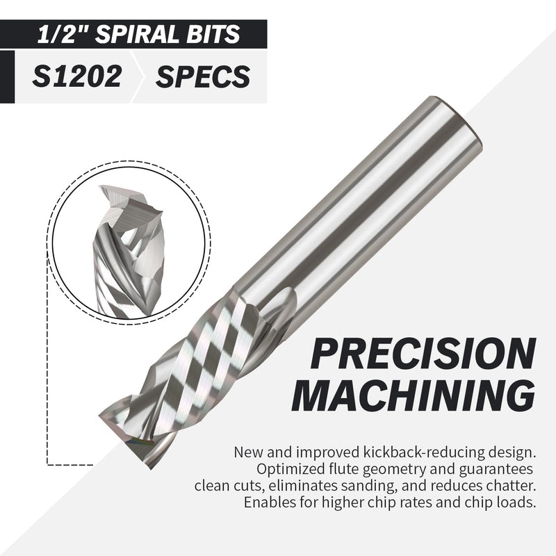 ZahyoX 1/2 Inch Compression Spiral CNC Bit, 1/2" Cutting Dia, 1/2" Shank, 1-1/4" Cutting Length, 3" Overall Length, CNC Router Bits, Plunge Cut End Mill / 1-1/4"CL