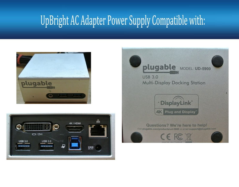 UpBright 5V AC/DC Adapter Compatible with Plugable UD-3000 UD-3900 UD-5900 UD3000 UD3900 UD5900 Pro 8 UD-PRO8 USB3.0 Dual Monitor Video Docking Station USB 2.0 10 Port Hub 5VDC 4A Power Supply Charger