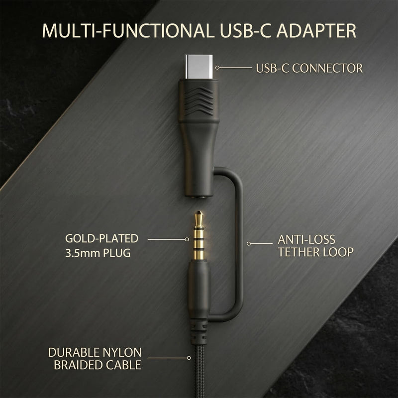 Wired Over-Ear Headphones, Mic, 3.5mm Plug, USB-C Adapter, Black | Foldable, adjustable headphones with soft cushions, inline mic, 3.5mm plug, and USB-C adapter for laptop, phone, and travel.