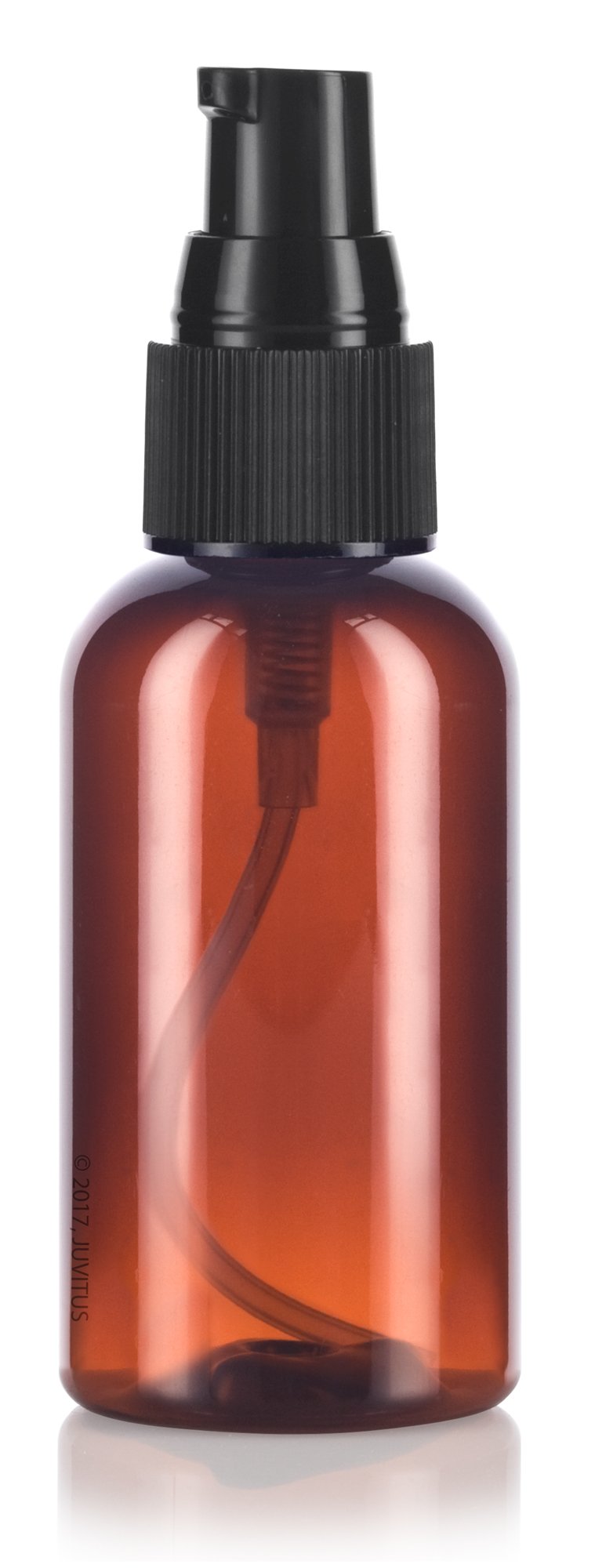 JUVITUS 2 oz Amber Boston Round Plastic Bottles (BPA Free) with Black Treatment Pump (24 Pack)