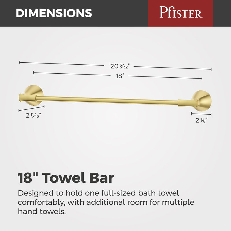 Pfister Willa Bath Towel Bar for Bathroom, 24-Inch, Wall-Mounted, Screw-in, Polished Chrome Finish, BTBWLL2C Brushed Gold 1 Pack Towel Bar 18"