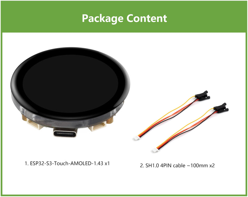 ESP32-S3 1.43inch AMOLED Display Development Board, 466×466 Resolution 16.7M Color QSPI Interface, ESP32 with Capacitive Touch AMOLED Round LCD, Support 2.4 GHz Wi-Fi and Bluetooth 5