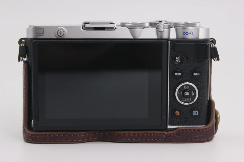 E-P7 Case, BolinUS Handmade Genuine Real Leather Half Camera Case Bag Cover for Olympus Pen E-P7 EP7 Bottom Opening Version + Hand Strap (Coffee) Coffee