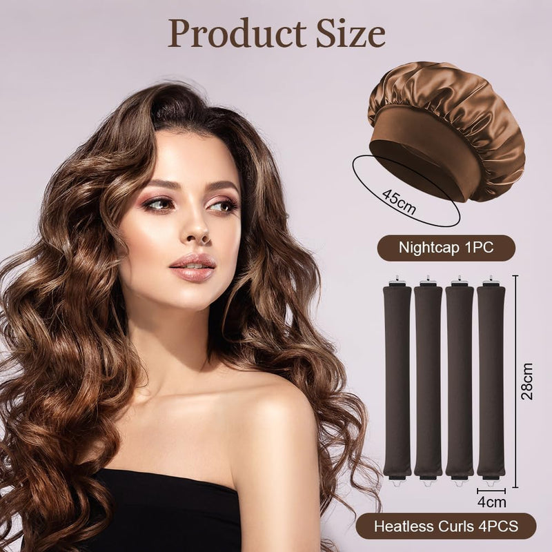 AOOWU 4PCS Heatless Curling Rods, Heatless Blowout Rods with Satin Silk Bonnet, Overnight No Heat Hair Rollers, Flexi Bars with Hooks, Heat Free Curling Iron for All Hair Types, Sleep DIY Hair Curls 4 count (Pack of 1) Coffee