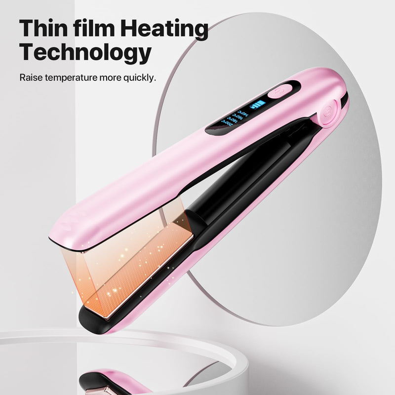 2 in 1 Cordless Hair Straightener & Curler, Wireless Mini Flat Iron for Women, USB Rechargeable Travel Hair Straighteners with 5000mAh Battery, Ceramic Coating for On-the-Go Styling Pink