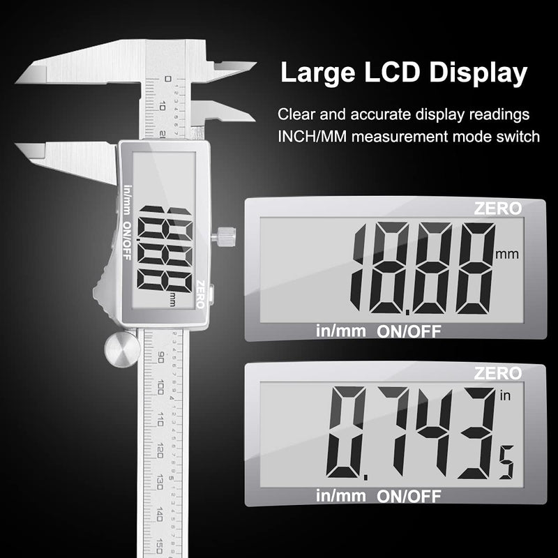 Preciva Digital Caliper, Electronic Stainless Steel Caliper Measuring Tool, Micrometer Calipers with Large LCD Screen, Switch from Inch Metric Fraction, Auto-Off Feature (6INCH/150MM) (White) White