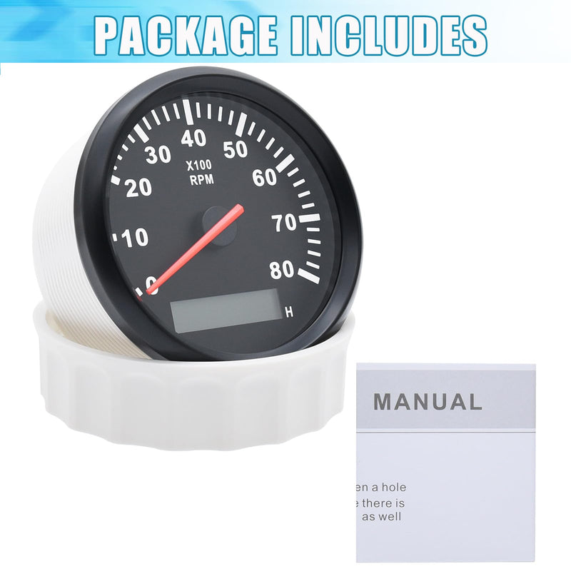 Geloo 85mm Marine Tachometer Gauge Waterproof Boat RPM Tachometer Outboard 0-8000 RPM Tacho Meter for Car Truck 8000RPM Tacometro Meter with LCD Digital Hour Meter Red Backlight 12V/24V Black