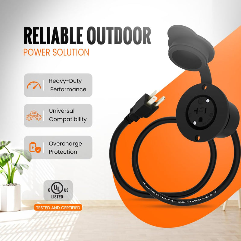 20A Weatherproof Outdoor Power Outlet by Journeyman-Pro 20 Amp 110,120-125 Volt HJP-5379-GCR2 NEMA 5-20R Receptacle Kit with Integrated 20" Extension Cord + Waterproof Rubber Cover (Black) BLACK